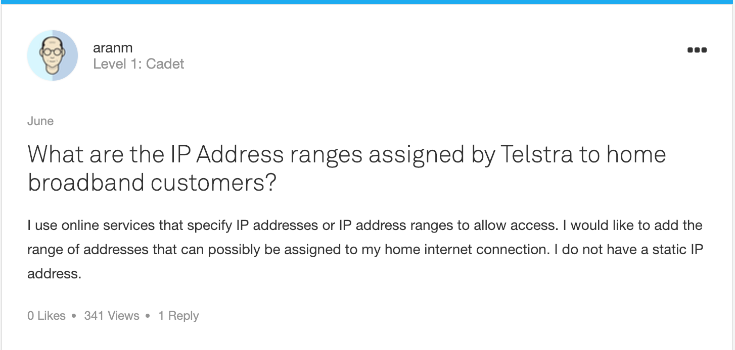What are the IP Address ranges assigned by Telstra to home broadband