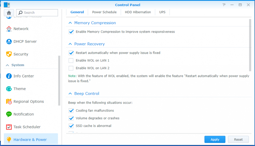 Synology Power Restore Settings Toggen