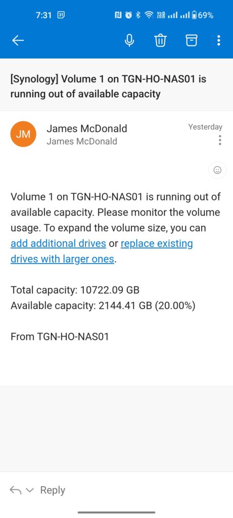 Low Capacity Notification from a Synology NAS as seen on a mobile device