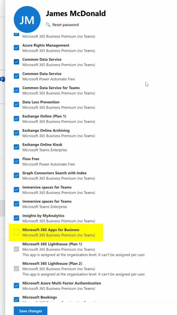 Apps list showing unchecked Microsoft 365 Apps for Business feature